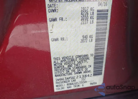 2016 Nissan Altima 2.5/2.5 S/2.5 Sl/2.5 Sr/2.5 Sv из США, поврежденный, VIN 1N4AL3AP5GC213842